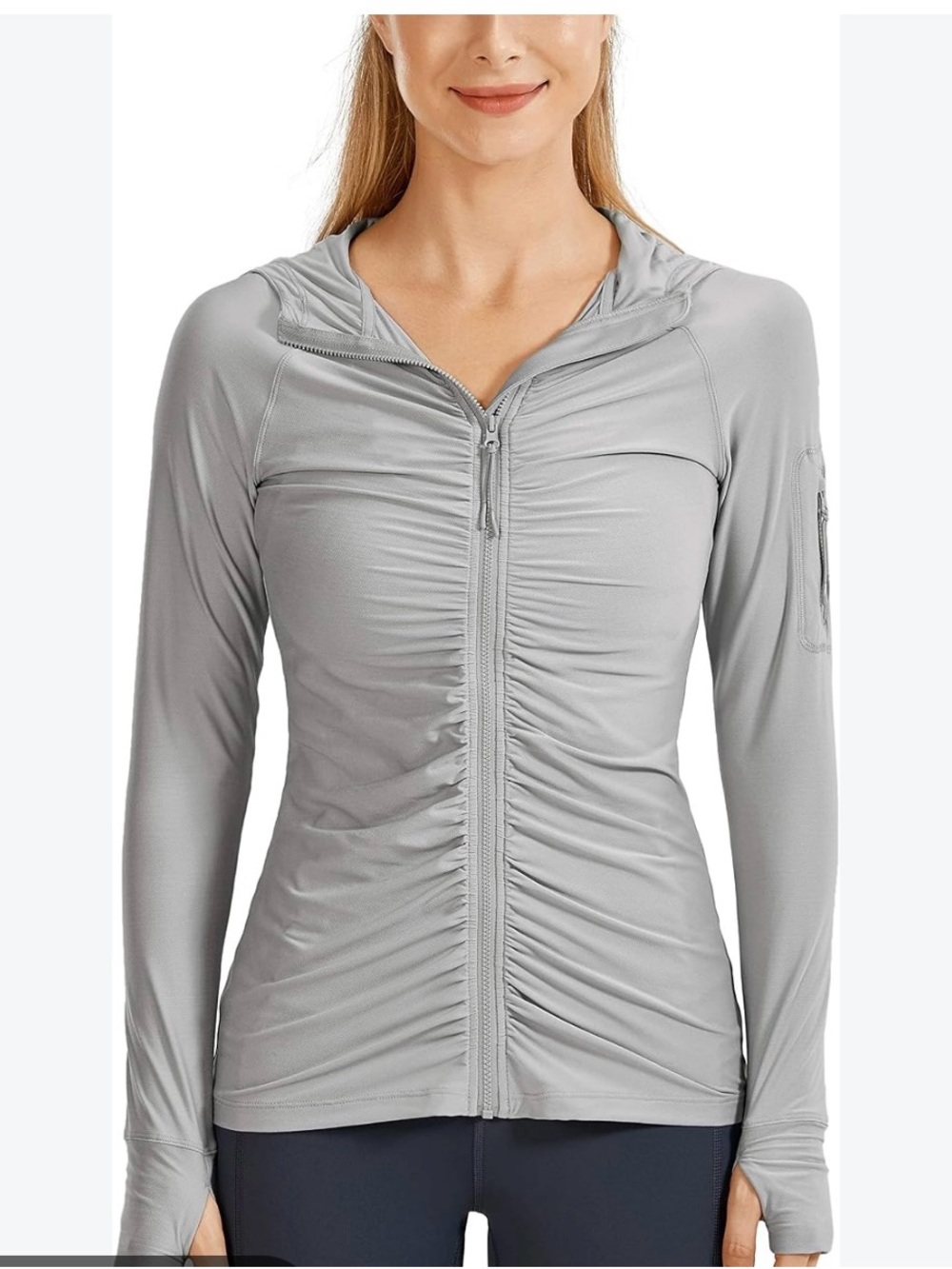 CRZ YOGA Light Gray Ruched Zip Hooded Swim Top